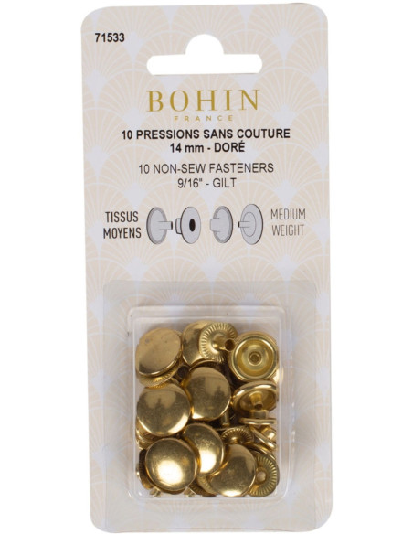 Schachtel mit 10 nahtlosen Druckknöpfen für mittlere Stoffe 14 mm Bohin - Gold