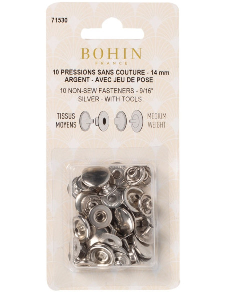 Packung mit 10 nahtlosen Druckknöpfen für mittlere Stoffe 14 mm Bohin - Silber
