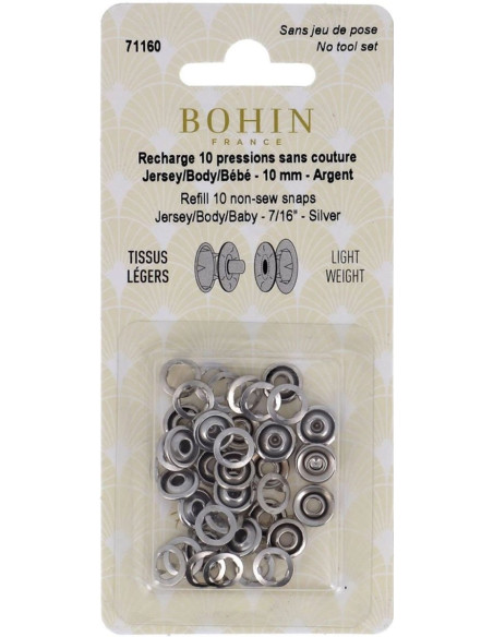 Schachtel mit 10 nahtlosen Jersey-Druckknöpfen mit Kappen 10 mm Bohin - Silber