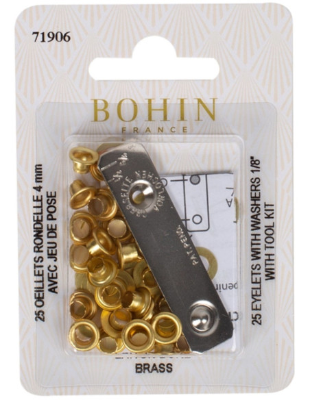 Box 25 Ösen 4 mm mit Unterlegscheiben und Setzwerkzeug Bohin - Gold