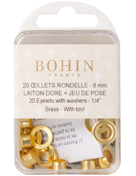 Box 20 Ösen 8 mm mit Unterlegscheiben und Setzwerkzeug Bohin - Gold
