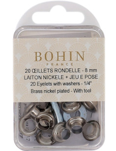 Box 20 Ösen 8 mm mit Unterlegscheiben und Setzwerkzeug Bohin - Silber