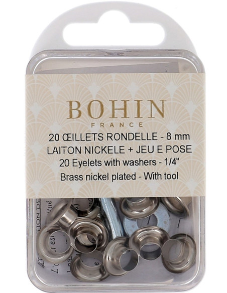 Box 20 Ösen 8 mm mit Unterlegscheiben und Setzwerkzeug Bohin - Silber