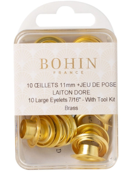 Schachtel mit 10 Ösen 11 mm mit Unterlegscheiben und Setzwerkzeug Bohin - Gold