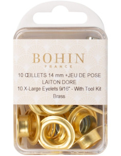Schachtel mit 10 Ösen 14 mm mit Unterlegscheiben und Setzwerkzeug Bohin - Gold