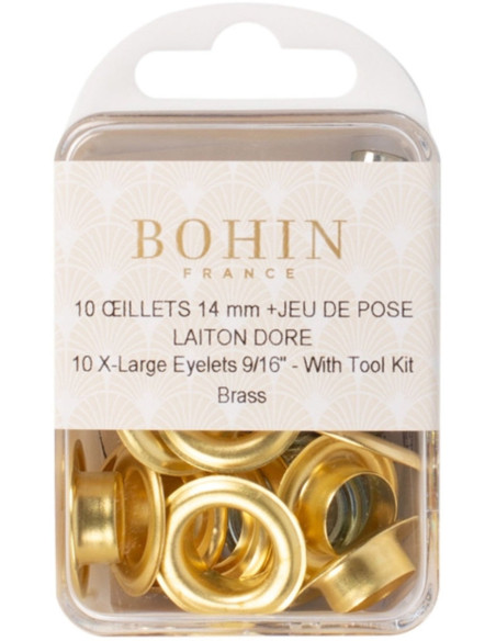 Schachtel mit 10 Ösen 14 mm mit Unterlegscheiben und Setzwerkzeug Bohin - Gold