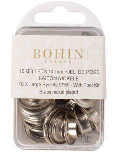 Box 10 Ösen 14 mm mit Unterlegscheiben und Setzwerkzeug Bohin - Silber