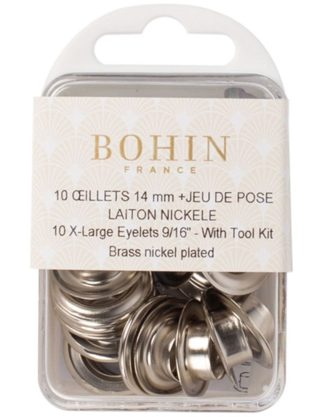 Box 10 Ösen 14 mm mit Unterlegscheiben und Setzwerkzeug Bohin - Silber