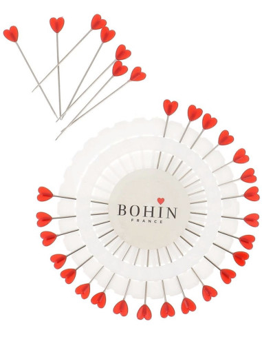 Scheibe mit 30 Stecknadeln mit roten Herz-Kunststoffköpfen von Bohin