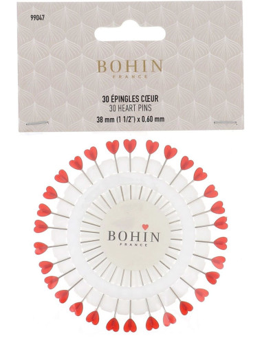 Scheibe mit 30 Stecknadeln mit roten Herz-Kunststoffköpfen von Bohin