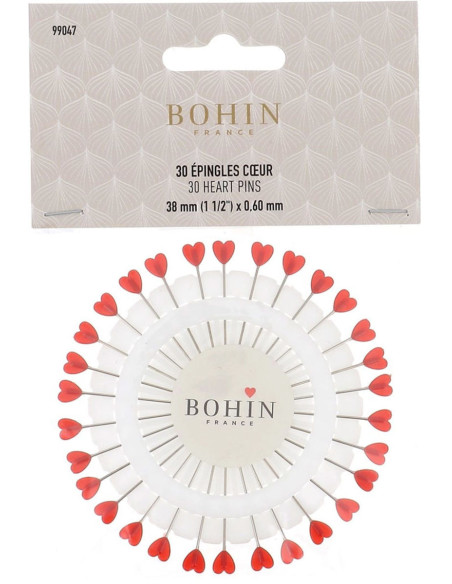 Scheibe mit 30 Stecknadeln mit roten Herz-Kunststoffköpfen von Bohin