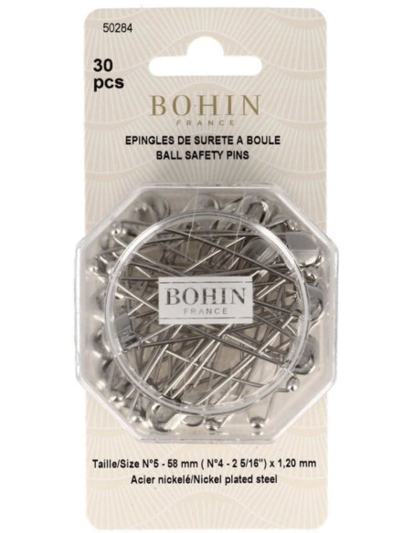 Schachtel mit 30 Sicherheitsnadeln mit Kugel, 58 mm, Bohin