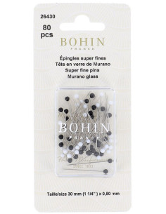 Schachtel mit 80 superfeinen Stecknadeln mit Murano-Glaskopf in Schwarz und Weiß von Bohin.