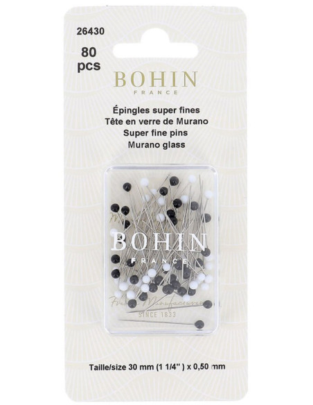 Schachtel mit 80 superfeinen Stecknadeln mit Murano-Glaskopf in Schwarz und Weiß von Bohin.
