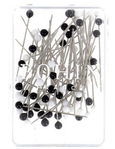 Schachtel mit 80 superfeinen Stecknadeln mit Murano-Glaskopf in Schwarz und Weiß von Bohin. 2