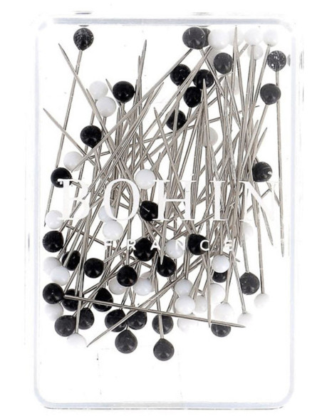 Schachtel mit 80 superfeinen Stecknadeln mit Murano-Glaskopf in Schwarz und Weiß von Bohin.