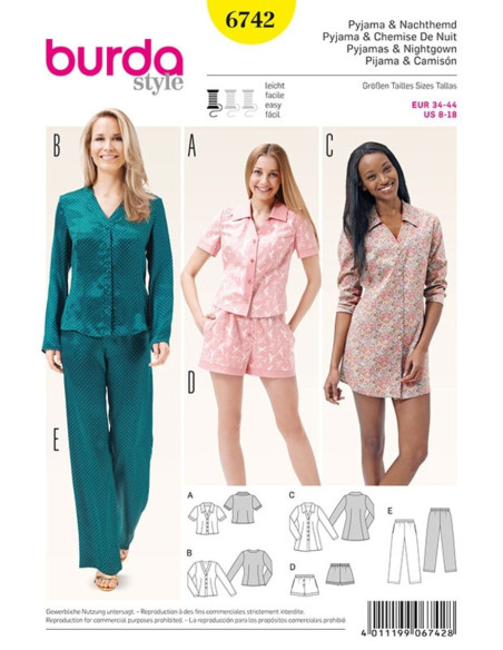 Pyjama- und Nachthemd-Schnittmuster - Burda 6742