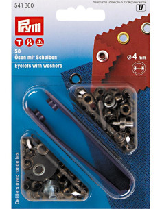Schachtel mit 50 Ösen 4 mm mit Befestigungswerkzeug - Antikes Messing