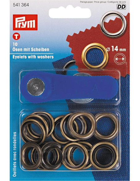 Schachtel mit 10 Ösen 14 mm mit Befestigungswerkzeug - Antikes Messing