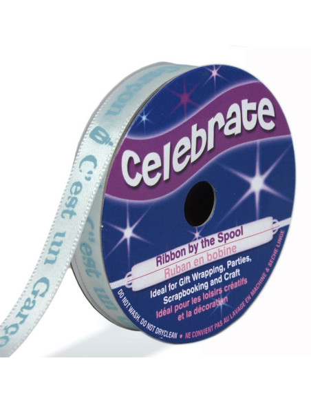 Weißes Satinband Celebrate mit blauem Aufdruck "Es ist ein Junge" - 10 mm x 4 Meter