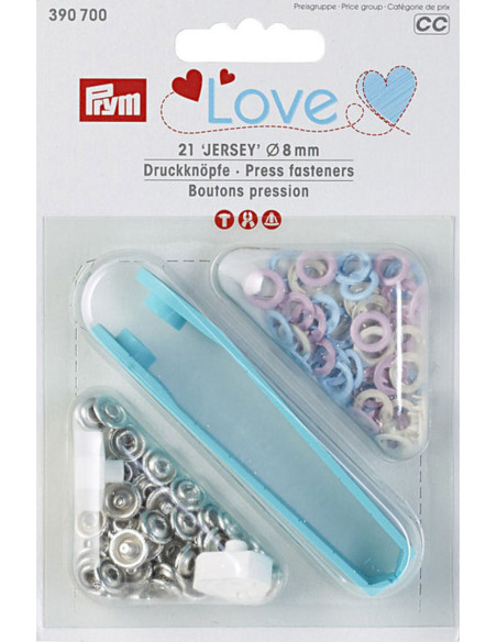 Schachtel mit 21 Druckknöpfen in Rosa, Blau und Ecru mit 8 mm Werkzeug.