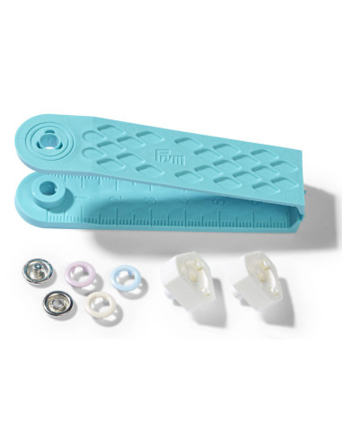 Schachtel mit 21 Druckknöpfen in Rosa, Blau und Ecru mit 8 mm Werkzeug.