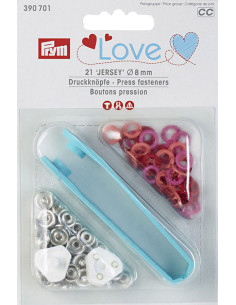 Schachtel mit 21 Druckknöpfen in Rot, Koralle und Fuchsia mit 8 mm Werkzeug.
