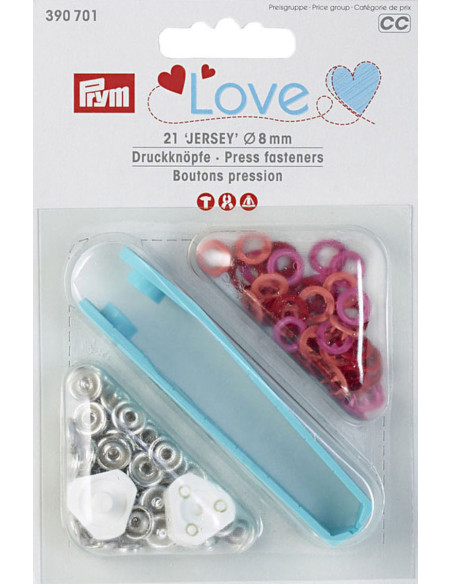 Schachtel mit 21 Druckknöpfen in Rot, Koralle und Fuchsia mit 8 mm Werkzeug.