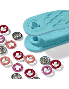 Schachtel mit 21 Druckknöpfen in Rot, Koralle und Fuchsia mit 8 mm Werkzeug. 2
