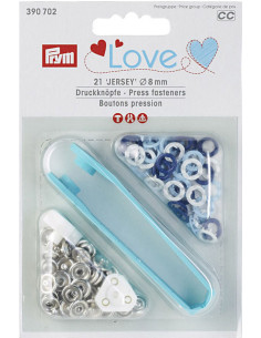 Schachtel mit 21 Druckknöpfen in Weiß, Himmelblau und Marineblau mit 8 mm Werkzeug