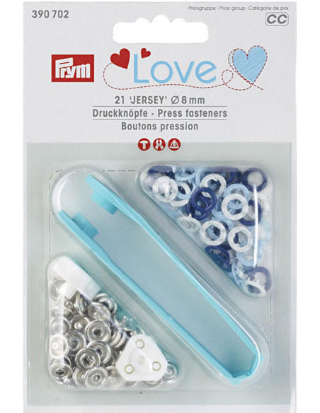 Schachtel mit 21 Druckknöpfen in Weiß, Himmelblau und Marineblau mit 8 mm Werkzeug