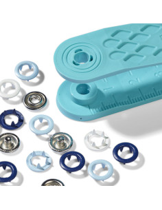 Schachtel mit 21 Druckknöpfen in Weiß, Himmelblau und Marineblau mit 8 mm Werkzeug 2