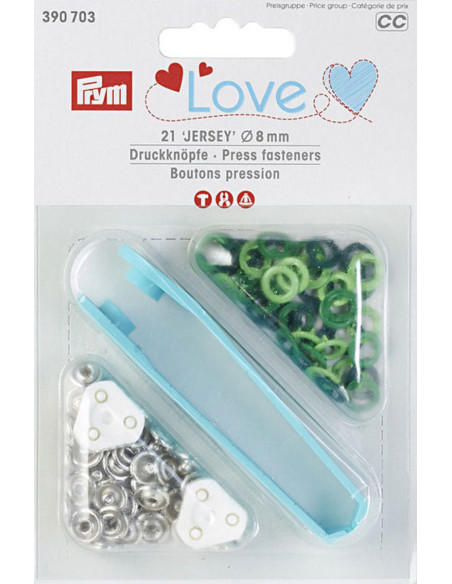 Box mit 21 Druckknöpfen in verschiedenen Grüntönen mit 8 mm Werkzeug.