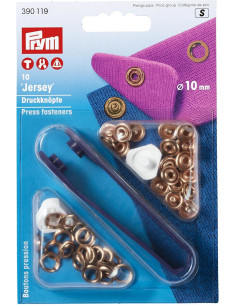 Schachtel mit 10 Jersey-Druckknöpfen aus Kupfer mit Werkzeug 10 mm