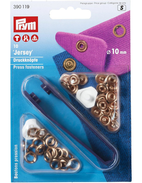 Schachtel mit 10 Jersey-Druckknöpfen aus Kupfer mit Werkzeug 10 mm
