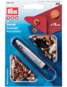 Packung mit 10 Anorak-Druckknöpfen aus Kupfer mit Werkzeug 15 mm