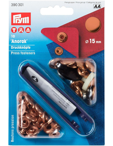 Packung mit 10 Anorak-Druckknöpfen aus Kupfer mit Werkzeug 15 mm