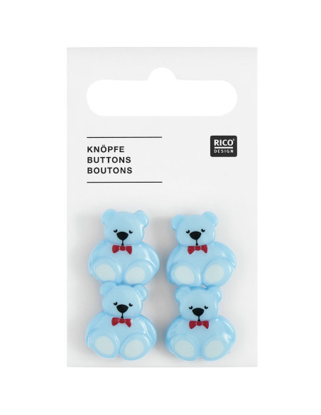 Karte mit 4 Teddybär-Knöpfen - Blau 16 x 18 mm