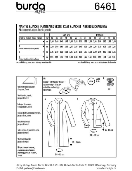 Mantel- und Jackenschnittmuster - Burda 6461