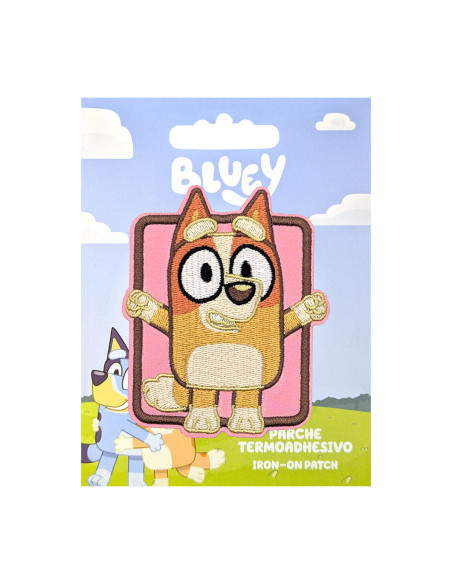 Gestickter Aufnäher Bluey - Bingo mit rosa Hintergrund