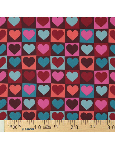 Baumwoll-Popeline-Stoff - Herz auf bordeauxfarbenem Hintergrund