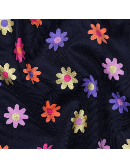 Fantasie-Feincordstoff - Blumen auf marineblauem Hintergrund