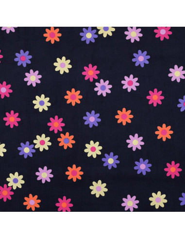 Fantasie-Feincordstoff - Blumen auf marineblauem Hintergrund