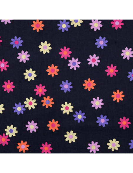 Fantasie-Feincordstoff - Blumen auf marineblauem Hintergrund