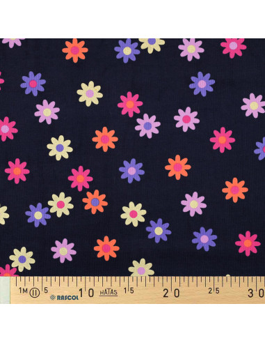 Fantasie-Feincordstoff - Blumen auf marineblauem Hintergrund