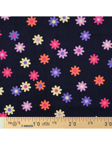 Fantasie-Feincordstoff - Blumen auf marineblauem Hintergrund