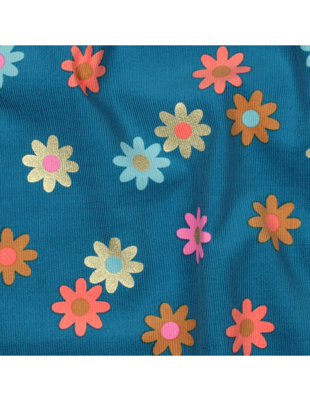 Fantasie-Cordstoff - Blumen auf petrolblauem Hintergrund