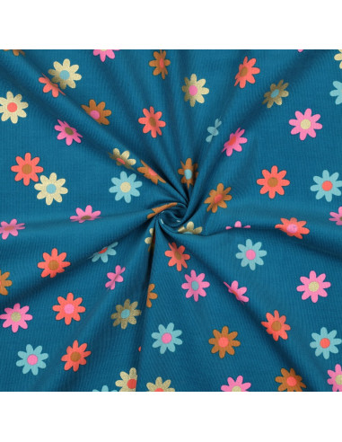 Fantasie-Feincordstoff - Blumen auf petrolblauem Hintergrund