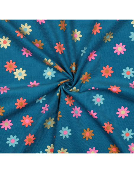 Fantasie-Feincordstoff - Blumen auf petrolblauem Hintergrund