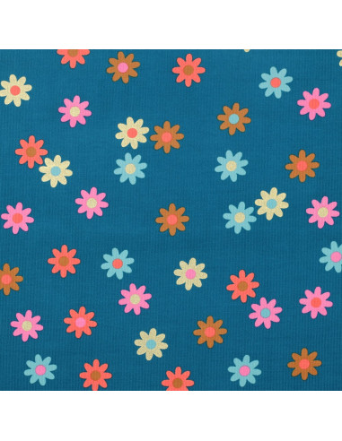 Fantasie-Feincordstoff - Blumen auf petrolblauem Hintergrund
